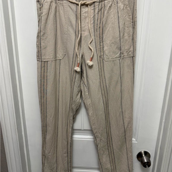 Anthropologie Other - Anthropologie Beige Striped High Waist Cropped Linen Blend Pants